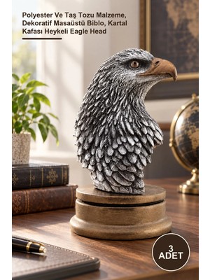 Yenilig 3 Adet Kartal Büstü – Polyester ve Taş Tozu Malzeme, Dekoratif Masaüstü Biblo, Kartal Kafası Heykeli Eagle Head