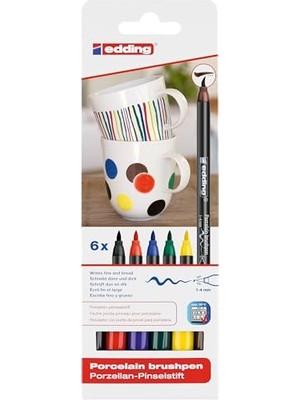 4200 Fırça Uçlu Porselen Kalemi - Siyah, Kırmızı, Mavi, Yeşil, Sarı, Kahverengi - 6 Kalem - Fırça Ucu 1-4 mm