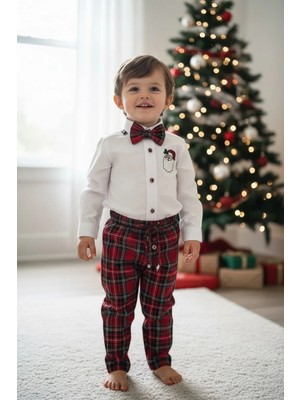 Aslı Türkoğlu Noel Baba Nakışlı Erkek Bebek Yılbaşı Takımı – Ekose Pantolon &gömlek Papyon