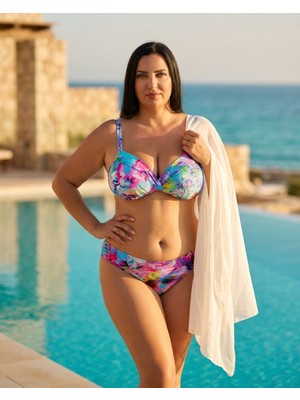 Eros Büyük Beden Kaplı Telli Çiçek Desenli Çapraz Göğüs Tasarımlı Ayarlanabilir Askılı Kadın Bikini Takımı