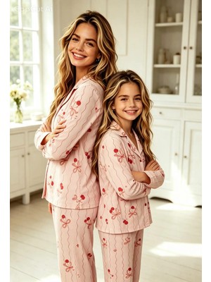 NiCe İç Giyim Anne Kız Uyumlu Pijama Takımı, Pembe Kiraz ve Fiyonk Desenli Uzun Kollu Kadın & Kız Çocuk Pijama Seti (Ayrı Ayrı Satılır) Ultra Soft Thermal Kumaş