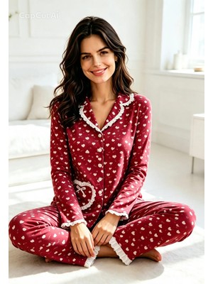 NiCe İç Giyim Kadın Kalp Desenli Düğmeli Uzun Kollu Pijama Takımı Rahat Kumaş Biyeli Mevsimlik Şık Ev Giyim