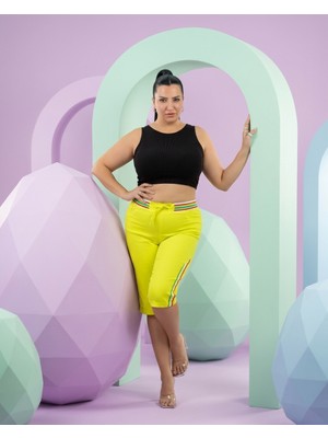 Trieste Wear Büyük Beden Lastikli Yüksek Bel Bağcıklı Cepli Bol Kesim Denim Kadın Kapri