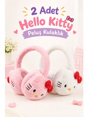 2 Adet Hello Kitty Model Pembe ve Beyaz Renkte Peluş Kışlık Çocuk Kulaklık