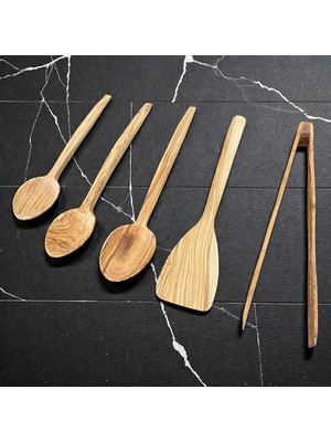 5 Parça Doğal Zeytin Ağacı Mutfak Seti: 3 Boy Kaşık, Spatula ve Servis Maşası