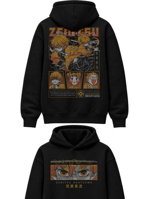 Fuddy Moda Unisex Oversize Demon Slayer Zenitsu Agatsuma Sırt Baskılı Kapüşonlu Anime Sweatshirt