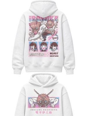 Fuddy Moda Unisex Oversize Demon Slayer Anime Karakteri Inosuke Hashibira Sırt Baskılı Kapüşonlu Sweatshirt