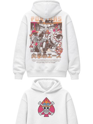 Fuddy Moda Oversize Portgas D Ace Sırt Baskılı Kapüşonlu Sweatshirt, Unisex One Piece Temalı Anime Hoodie