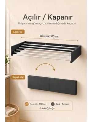 Antrasit Metal Katlanır Çamaşır Kurutma Askısı 100 Cm, Balkon ve Banyo Için