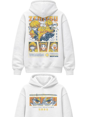 Fuddy Moda Unisex Oversize Demon Slayer Zenitsu Agatsuma Sırt Baskılı Kapüşonlu Anime Sweatshirt