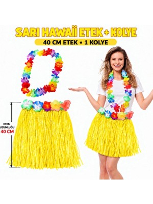 Melonika Hawaii Luau Aloha Sarı Püsküllü 40 cm Etek ve Hawaii Kolye Crc