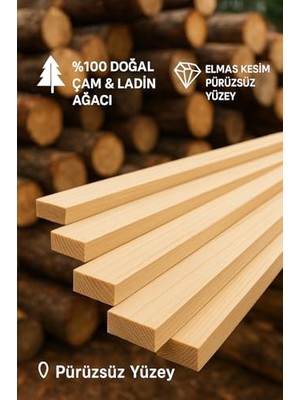 5 Adet Doğal Çam-Ladin Ahşap Çıta, 2 x 2 x 50 cm