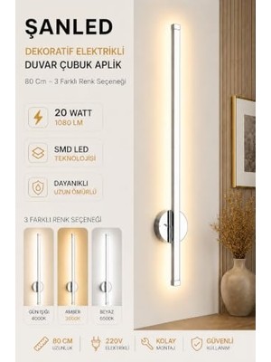 Dekoratif 20W Iç Mekan Krom Kasa 3 Renkli Işık Elektrikli 80 cm Duvar Aplik 1 Adet