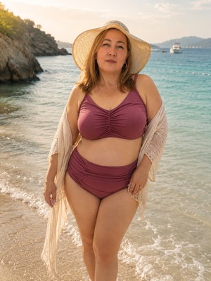 Eros Büyük Beden Kaplı  Büzgü Detaylı Sabit Pedli Siyah Bikini Takım
