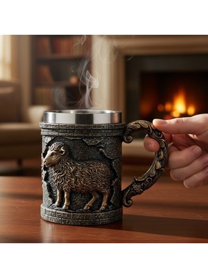 Keyfim Shop Gothic Koç Figürlü  3 D Kabartmalı Paslanmaz Çelik Kupa Bardak