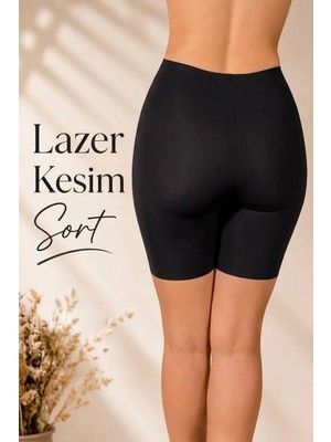 Sauna Suit Lazer Kesim Iz Yapmayan Yüksek Bel Paçalı Silikonlu Şort Korse   Siyah / Ten