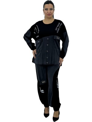 Büyük Beden Viskon Düğme Detaylı Önden Cepli Jogger  Lastikli Ikili Kadın Takım
