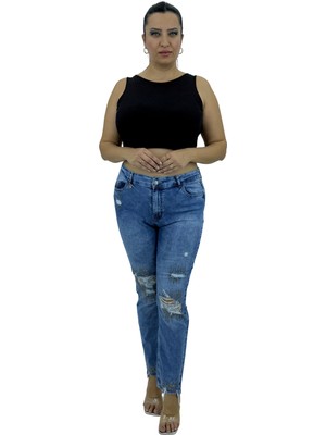Zanessi Büyük Beden Denim Taşlı Yırtık Yıpratma Detaylı Dar Paça Kadın Pantolon