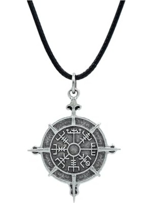 Kazan Hobi Viking Vegvisir Pusula Deri Ip Kolye - Gümüş Kaplama - Kadın Erkek Kolye - NO:937