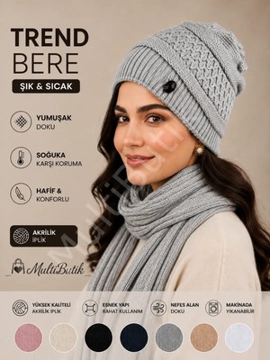 Multi Butik Modelli Örgü Sade Şık Kadın Bere Açık Gri