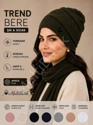 Multi Butik Modelli Örgü Sade Şık Kadın Bere Haki