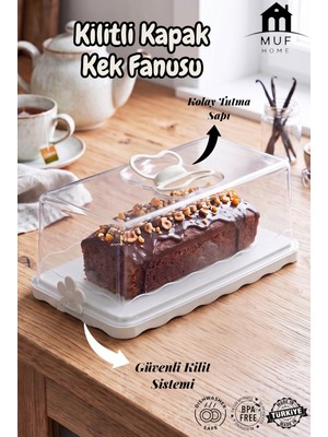 Muf Home Baton Kek ve Pasta Fanusu Kilitli Kapaklı  (33,5 Cm) - Şeffaf, Pratik ve Güvenli Taşıma Bpa Free