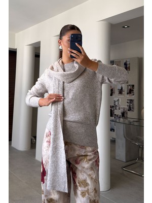 Magarde Atkılı Oversize Bisiklet Yaka Kazak- Bej