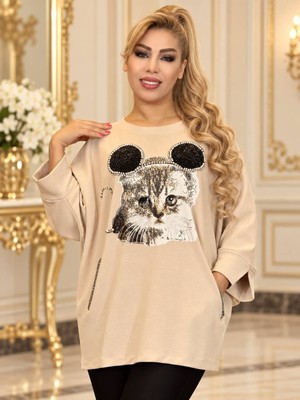 Yeşil Moda Kadın Krem Büyük Beden Kedi Figürlü Kristal Taş Işlemeli Uzun Kollu Bluz