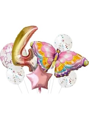 Şanal Pembe Kelebek Balon Gökkuşağı Helyum Rakamliı Yaş Doğum Günü Dekorasyon, 4