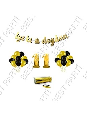 Şanal Rafya Ipli 11 Yaş Gold Folyo Balon Iyiki Doğdun Yazılı Banner Balon Set Doğum Günü