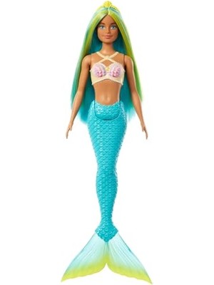 Şanal Barbie Bebek Mavi ve Sarı Renkli Saçları, Turkuaz Kuyruğu ve Saç Aksesuarıyla Barbie Deniz Kızı Bebek HRR03
