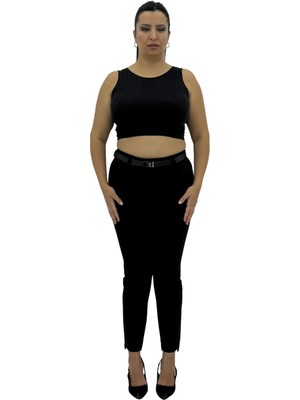 Carmito Büyük Beden Yüksek Bel Toparlayıcı Kemerli Dar Paça Taş Detaylı Örme Kadın Pantolon
