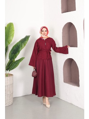 Trendparis Belden Bağlamalı Jakarlı Bluz & Etek Ikili Takım Bordo