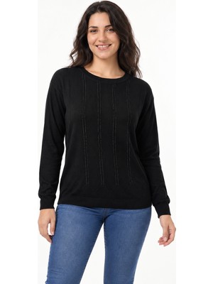 Etki Moda Kadın Taş Baskılı Uzun Kollu Merserize Triko Bluz