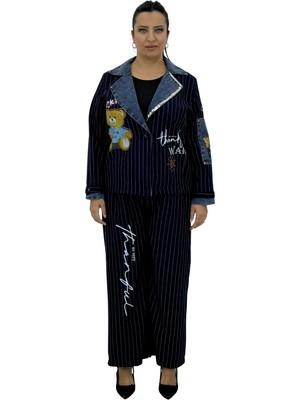 La Velina Büyük Beden Taş Boncuk İşlemeli Çizgili Denim Detaylı Beli Lastikli İkili Kadın Ceket Takım