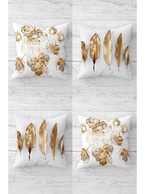 Defne Store Pelangi Gold Çiçek ve Kuş Tüyü Desenli Gizli Fermuarlı Kırlent Kılıfı Koltuk Yastık Kılıfı TAKIM(4ADET), Beyaz-Gold 45 x 45