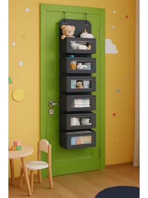 Şanal 6 Katlı Kapı Arkası Düzenleyici Raf Bebek Eşyası Çocuk Odası Banyo Organizer (Antrasit)