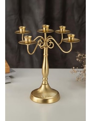 Defne Store 5 Gözlü Şık Restoran Düğün Şamdan Dekoratif Metal Mat Gold Mumluk MT282SR