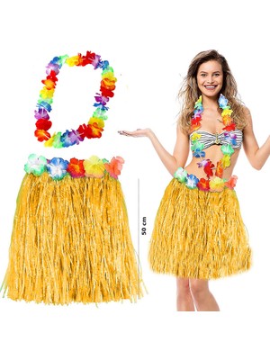Aydogan's Ayd Hawaii Luau Aloha Sarı Püsküllü 50 cm Etek ve Hawaii Kolye Seti