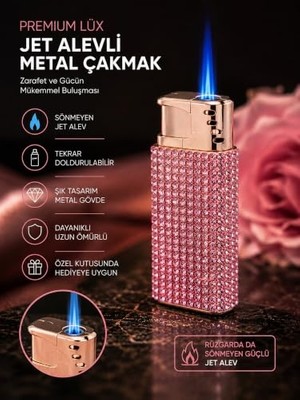 Defne Store Premium Lüx Jet Alevli Çakmak Gold Zirkon Taş Işlemeli Çakmak Eşe, Arkadaşa, Sevgiliye, Babaya, Anneye Hediye