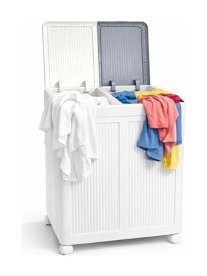 Şanal Mallart® Premium Katlanabilir Tekerlekli Çamaşır Sepeti - 100 Litre Çift Bölmeli Çok Amaçlı Düzenleyici, Kapaklı ve Kirli Ayrıştırma Özellikli Banyo ve Ev Saklama Kutusu (Gri)