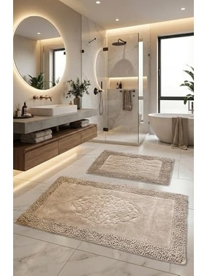Defne Store Pamukkent Süper Emici 2'li %100 Pamuk Ultra Lüks Banyo Paspası Seti 60X100 cm ve 50X60 cm (Kahverengi)