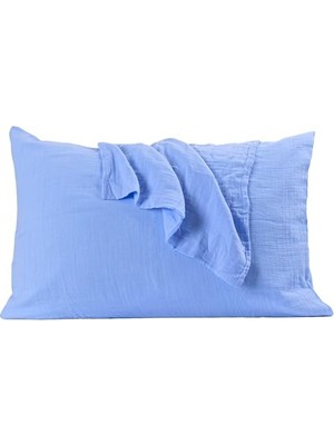 Defne Store Püskül 2-Adet Müslin Yastık Kılıfı Seti, 100% Pamuk 2-Katlı Standart Ölçü, Açık Mavi, 50X70 cm 2'li Yastık Kılıfı, Ultra Yumuşak Havadar Nem Emici Terletmeyen Müslin Yastık Kılıfları
