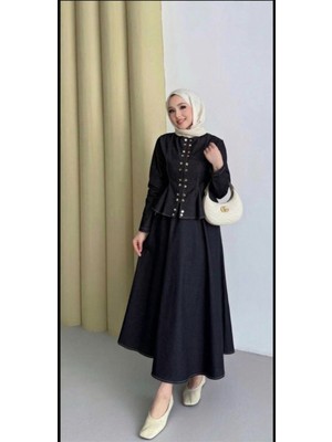 Trendparis Düğme Detaylı Etekli Denim Takım
