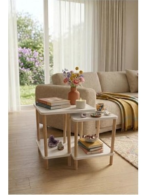 Defne Store Modern Traverten Zigon Sehpa Ikili Set Minimal Tasarım Yan Sehpa Dekoratif Ahşap (Beyaz)