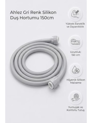 Defne Store Gri Silikon Duş Hortumu 150 cm - Esnek, Kırılmaz ve Dayanıklı Banyo Hortumu