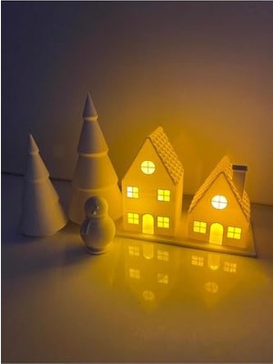 Defne Store Yılbaşı 5'li Set LED Mumlu Evler Yılbaşı Agacı ve Kardan Adam 2 Adet LED Mum Dahildir