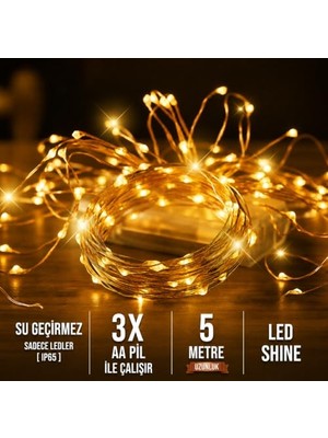 Defne Store Peri LED 5 Metre Gün Işığı Sarı Üç Fonksiyonlu Pilli Dekoratif Aydınlatma Süsleme Parti LED Işık Yılbaşı LED Işık Süsleme Dekorasyon Işığı Şerit