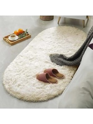 Defne Store Oval Kesme Yolluk Kaymaz Taban Kalın Yumuşak Peluş Halı Özel Taban Krem, 150 x 300
