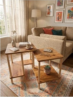 Defne Store Modern Traverten Zigon Sehpa Ikili Set Minimal Tasarım Yan Sehpa Dekoratif Ahşap (Atlantik Çam)
